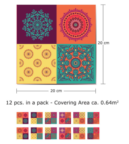 Tegelstickers kleurrijke mandala 12 stuks (20x20 cm)