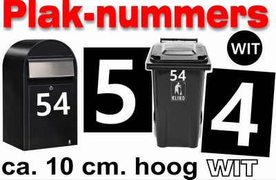Huisnummer container sticker wit 10cm