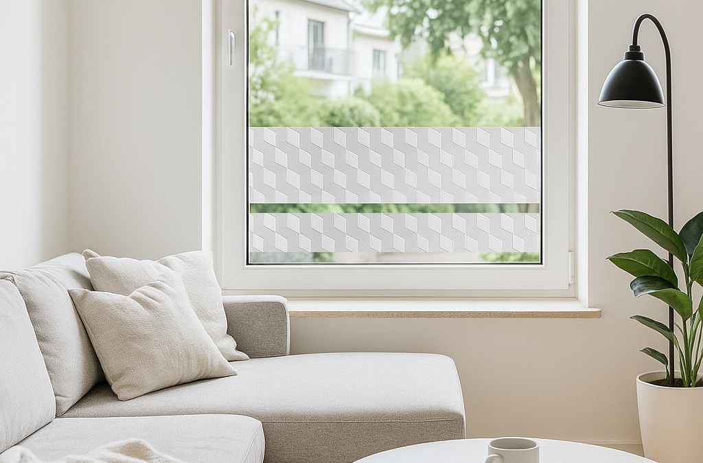 raamfolie geometrisch op raam geplakt van woning